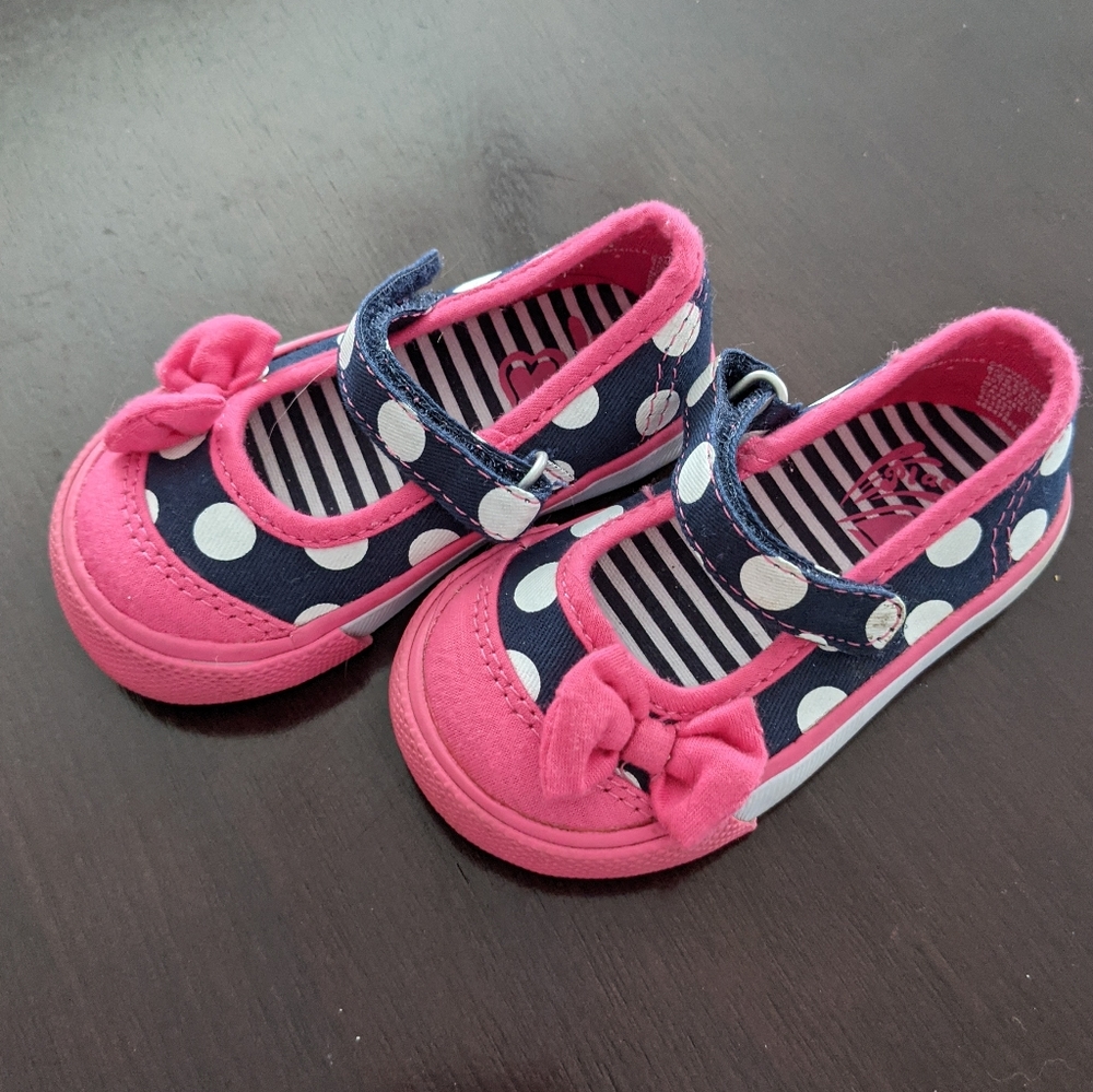 Pink, blue and white polka dot toddler Mary Janes
